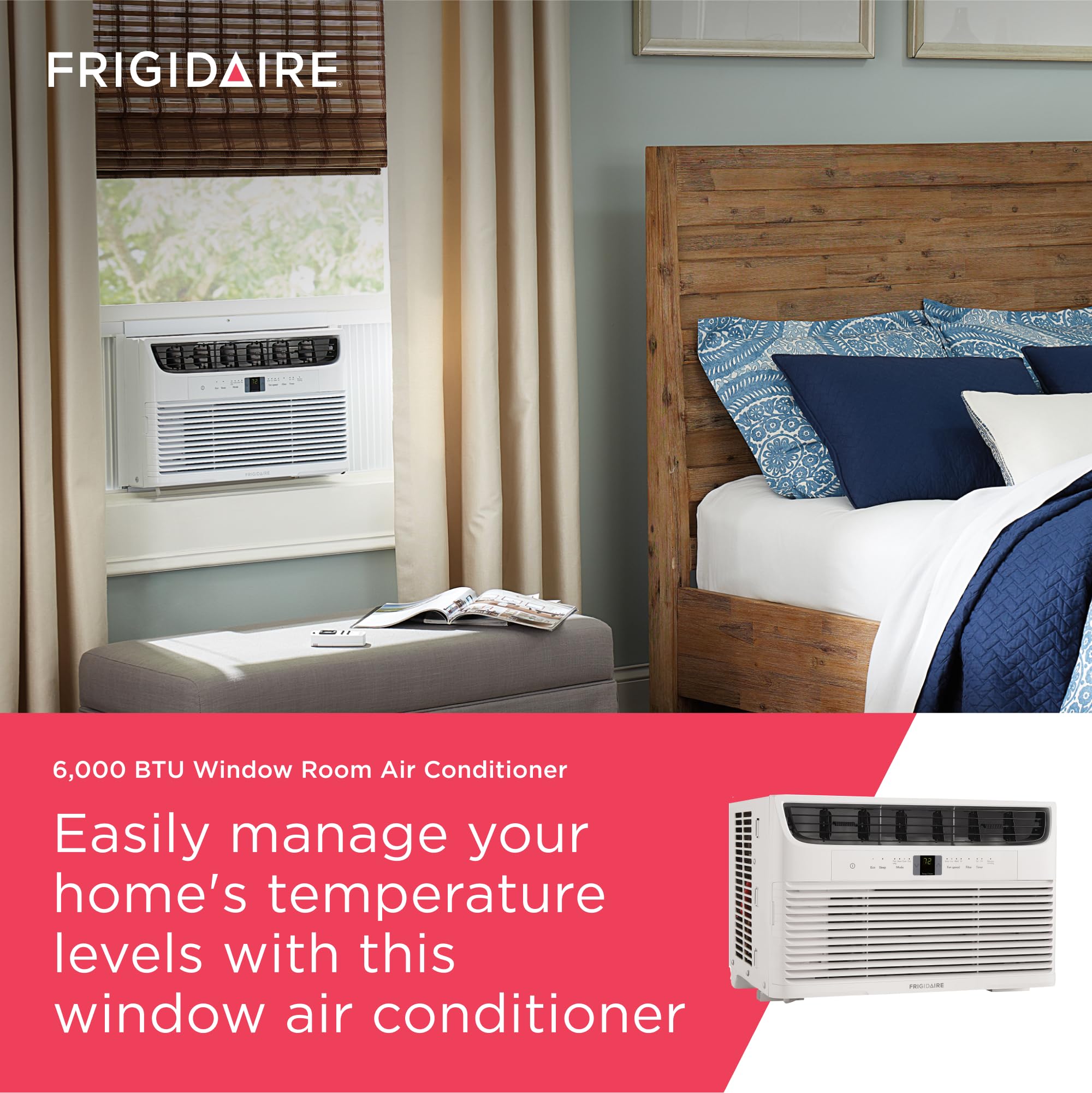 6,000 BTU Window Air Conditioner with Remote Control, Cools Up to 250 Sq. Ft., Quiet Operation, Eco Mode