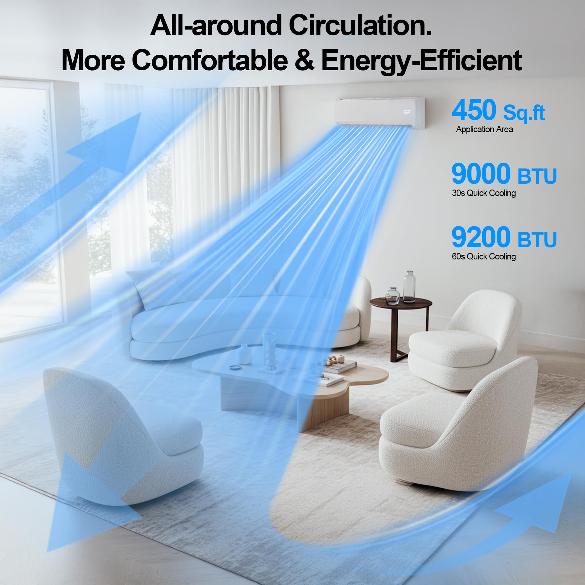 9000 BTU Mini Split AC/Heating System,19 SEER2 110/120V Energy Efficient Ductless Inverter System,Cools Up